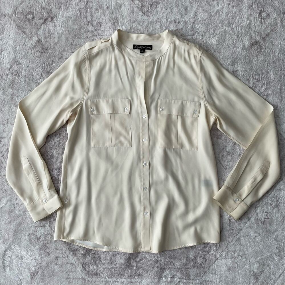 Elizabeth & James Silk Collarless Button‎ Front Blouse Large Cream Flaws